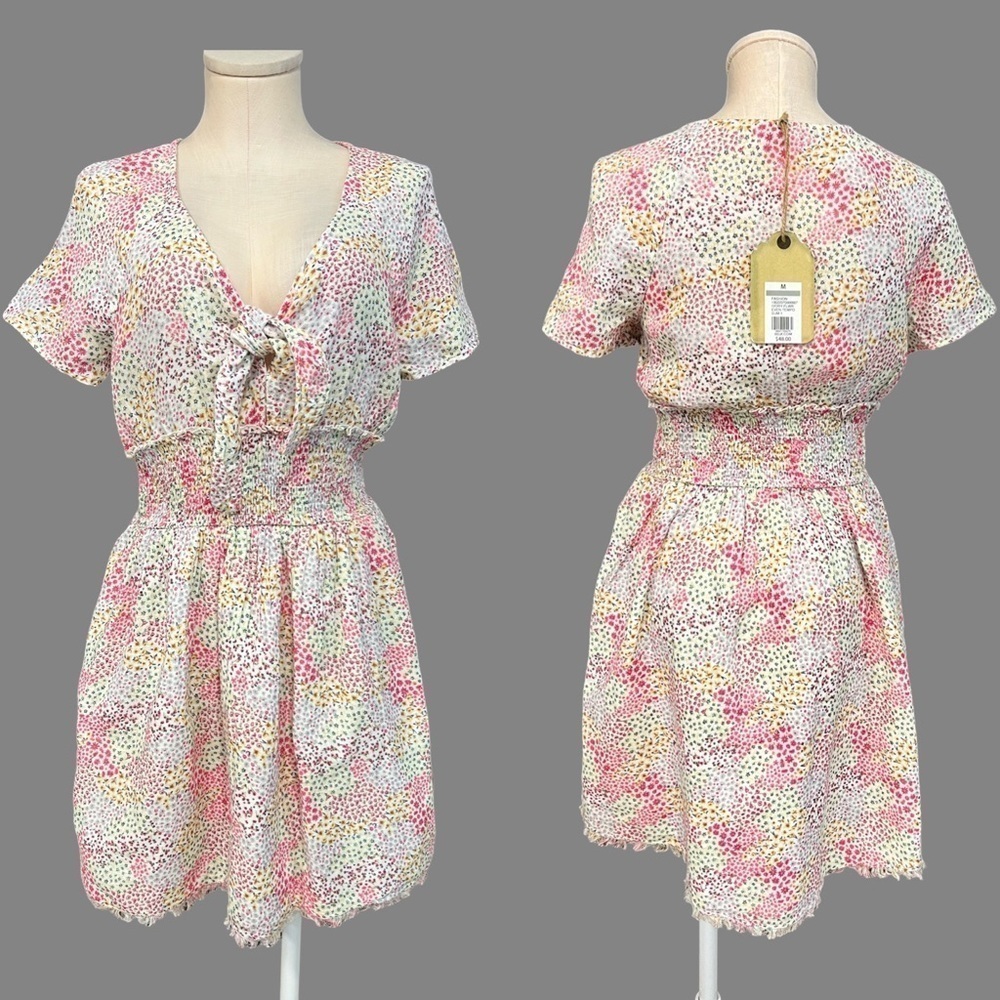 TRUE CRAFT NEW smocked elastic waist short sleeve mini dress with chest bow tie